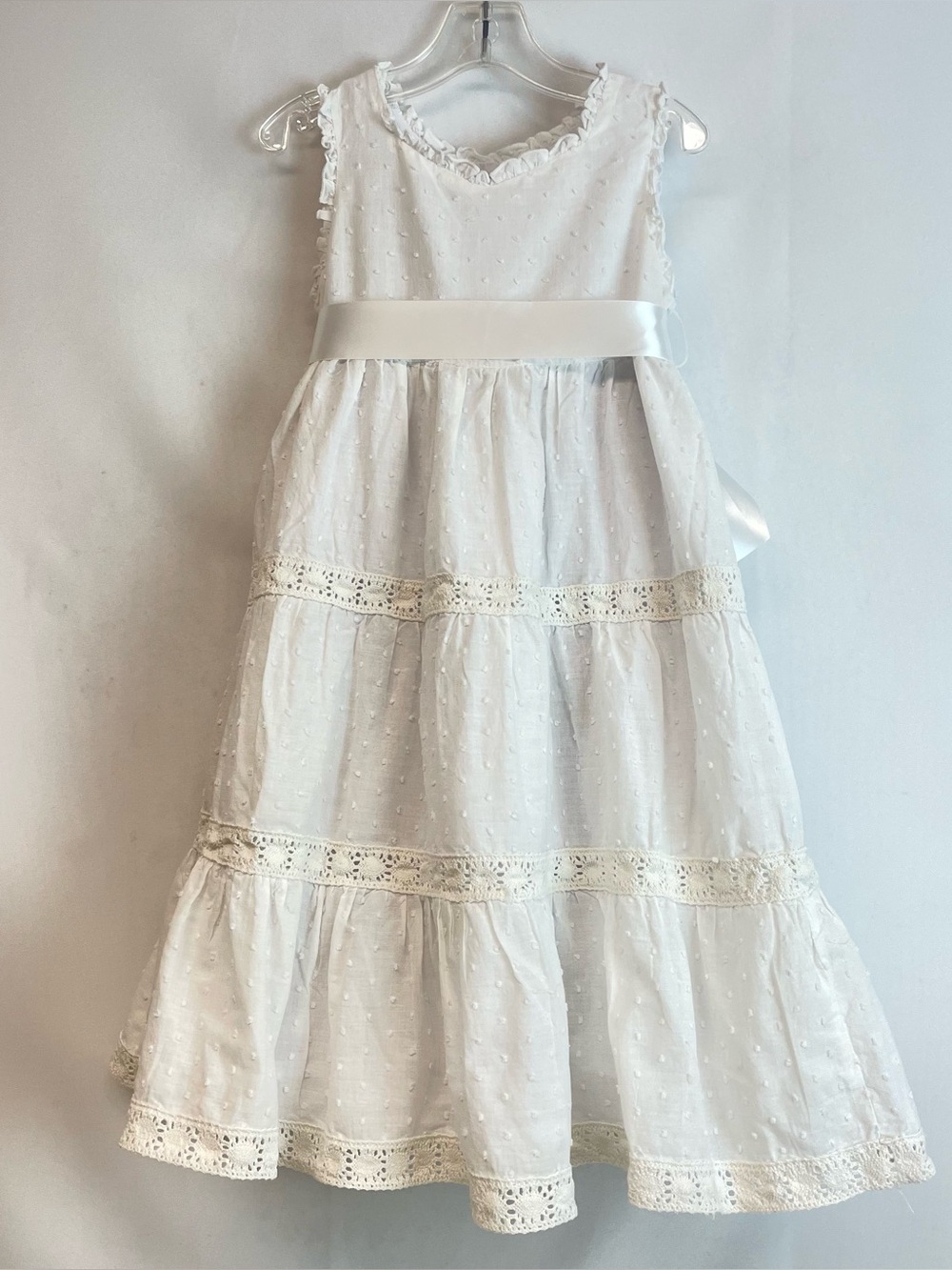 Vintage Laura Ashley White Swiss Dot Lace-Tiered Formal Dress